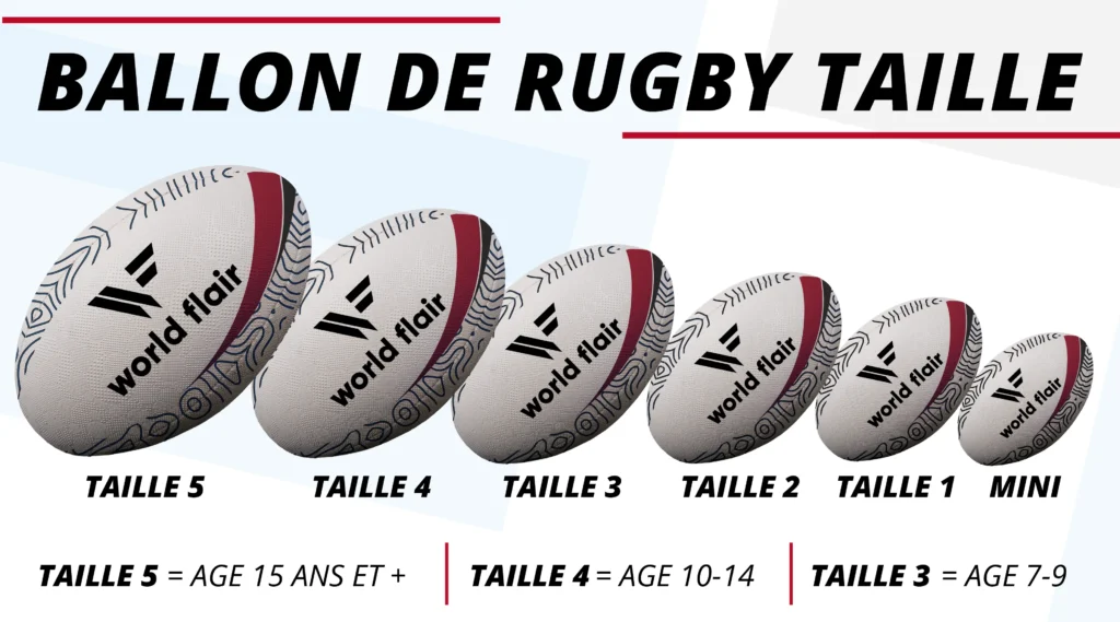 6 ballons de rugby avec des tailles différentes. De la taille 5 à la taille mini